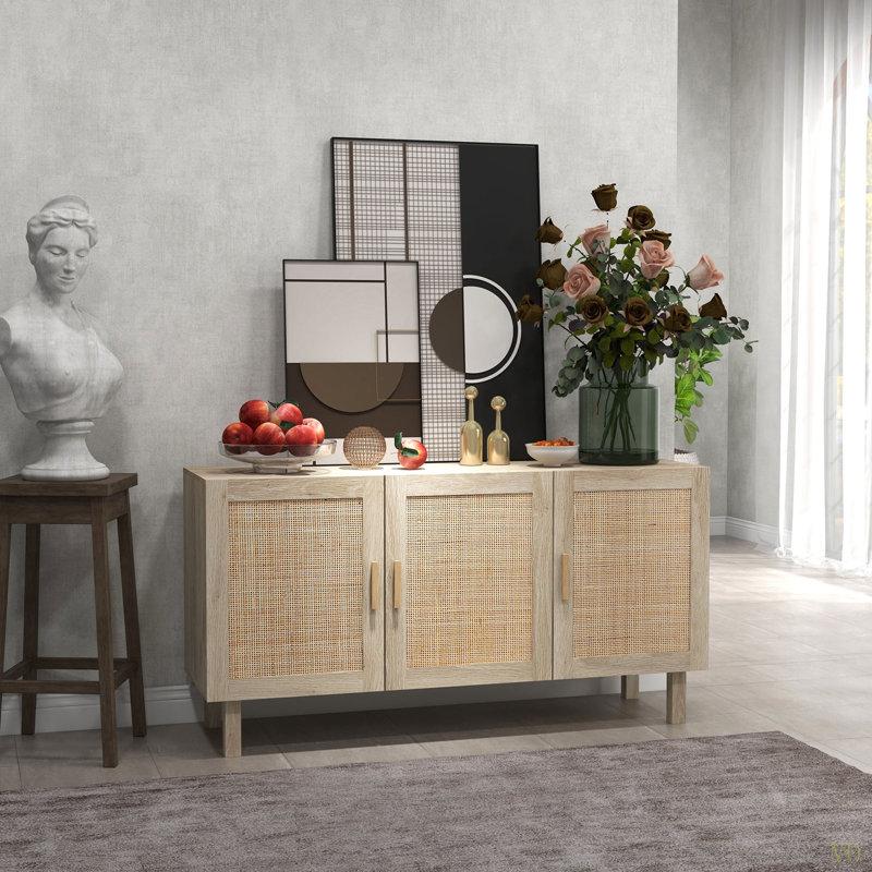 Buffet, armoire de cuisine, armoire à café avec 3 portes en rotin et tablettes réglables, Naturel