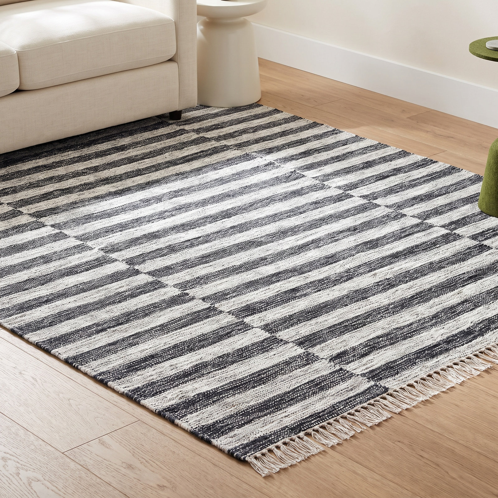Reva Black Gray Hand-Woven Striped Rug, Rectangle 10' x 14'
