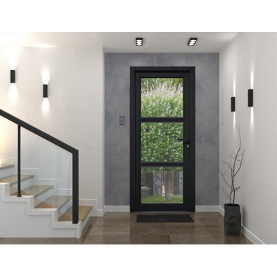 Front Exterior Prehung FiberGlass Door Clear Glass See-through / Manux 8555 Matte Black Clear Glass / 2 Side Exterior Windows / Office Commercial and Residential Doors Entrance Patio Garage-W12+30+12" x H80"-Left-hand Inswing