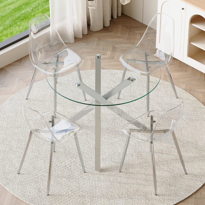 Ensemble de table de salle à manger 5 pièces avec plateau en verre et pieds en métal, Transparent / argent, Argent argent