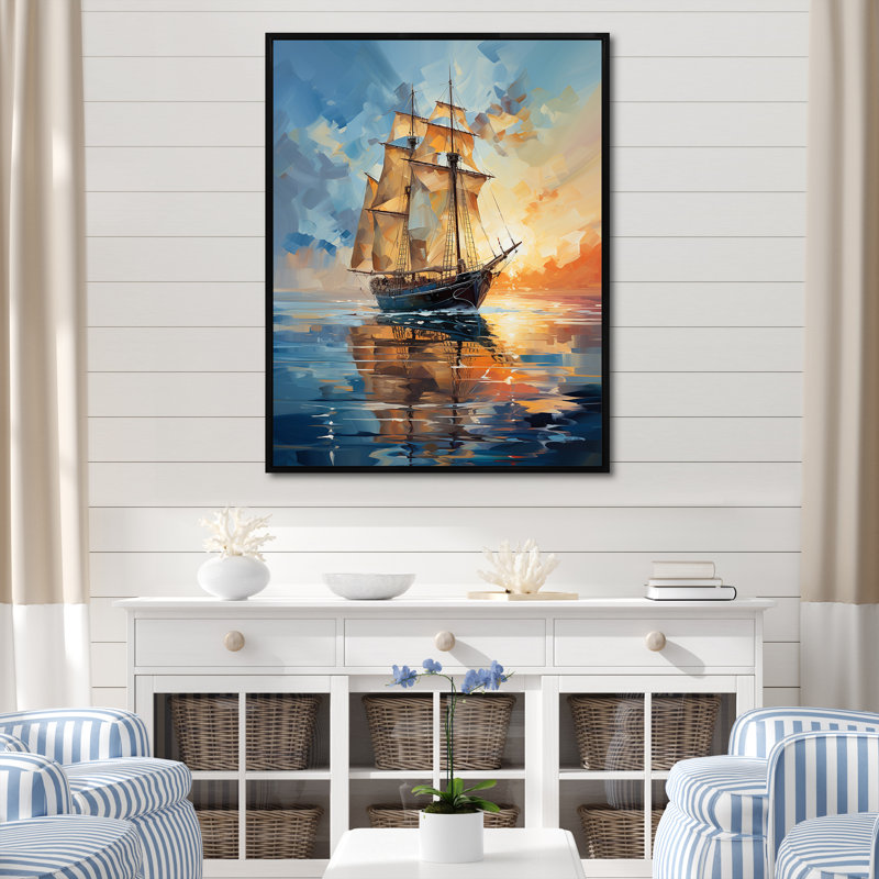 Vierling " Sailboat Abstract Maritime Symphony I " Mixed Media Print, 32" H x 16" W x 1" D, Black Floater Framed