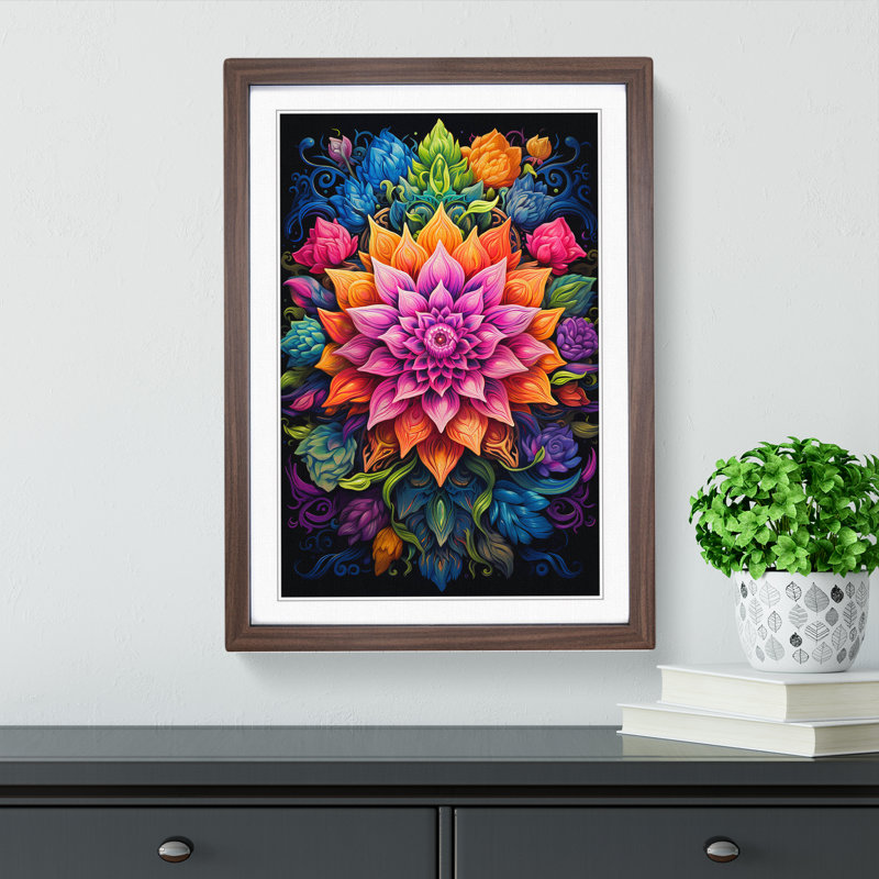 Mandala Tachisme - Single Picture Frame Print on Wood, 46cm H x 34cm W x 2cm D, Walnut