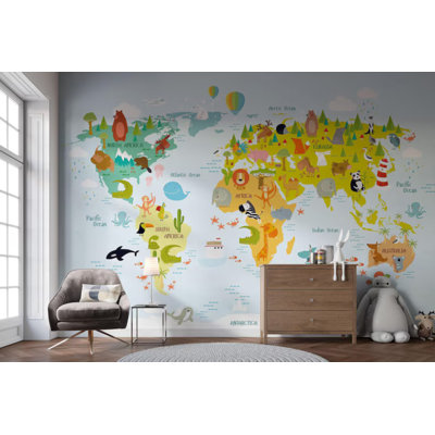 Adhésif mural coloré, carte du monde des animaux