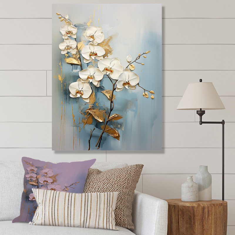 " Beige And Gold Orchids Simplicity ", Gold Picture Framed, 40" H x 30" W