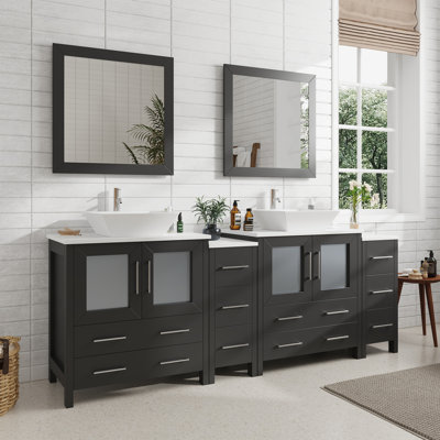  Meuble-lavabo autoportant moderne à double cuve 84 po avec plateau en marbre d'ingénierie et miroirs assortis