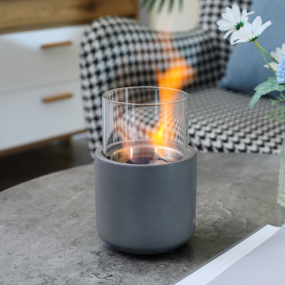 Portable Ethanol Fire Bowl, Mini Concrete Tabletop Fireplace With Lid, Grey, Burns Alcohol Securely, 195 Sq. Ft. Heat, 1.5H Liquid & 2.5H Solid Burn Duration Time