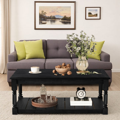 45.3''Farmhouse Wooden Coffee Table with Open Lower Shelf and Classic Turned Legs