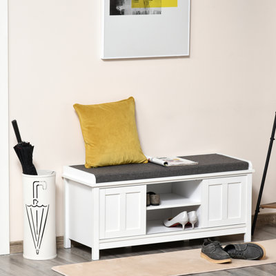 Repose-pieds de rangement pour le hall d'entrée avec portes coulissantes, tablettes réglables, 6 compartiments et siège rembourré, peut contenir 1 paire, blanc