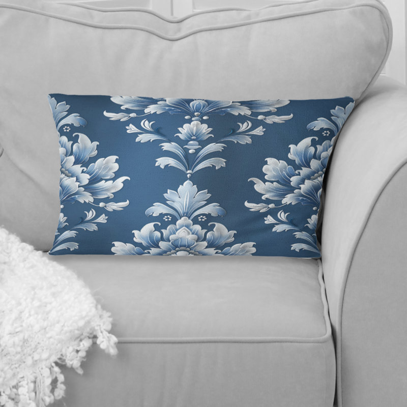 «Blue Whitetimeless Damask Art IV» - Coussin lombaire transitionnel