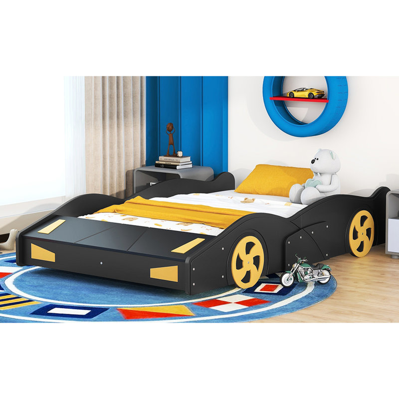 Lit de voiture de course en bois avec rangement et aspect noir et jaune robuste, Lit double, Noir