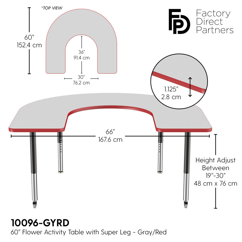 Table d'activité 60 "x 66" en forme de T avec pieds réglables, Grey/Red/Black, Super, Noir, noir, noir, noir