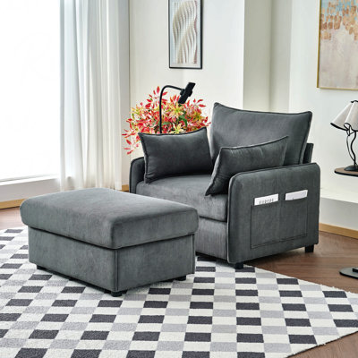 Chaise longue surdimensionnée de 55 po pour l'intérieur avec repose-pieds et rangement, canapé simple en velours côtelé confortable, chaise longue rembourrée avec coussins pour salon, chambre à coucher, appartement, gris.