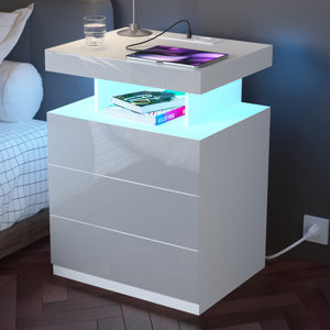 Britini Manufactured Wood Nightstand with Wireless Charging Station, LED Lights and 3 Drawers