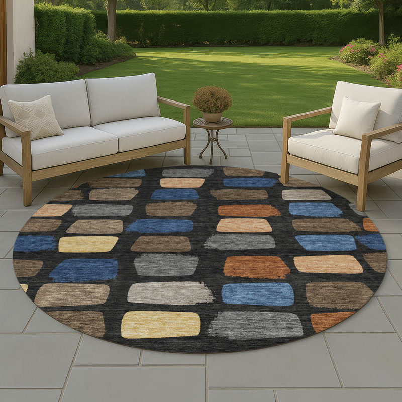 Machine Washable Indoor/Outdoor Chantille ACN2501 Squares Rug, 8' Round, Black
