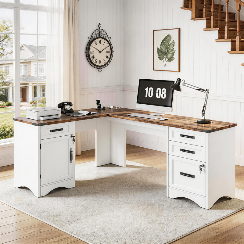 67" Farmhouse L-Shaped Executive Desk With 4 Drawers, Home Office Corner Computer Desk With File Storage And Power Outlets