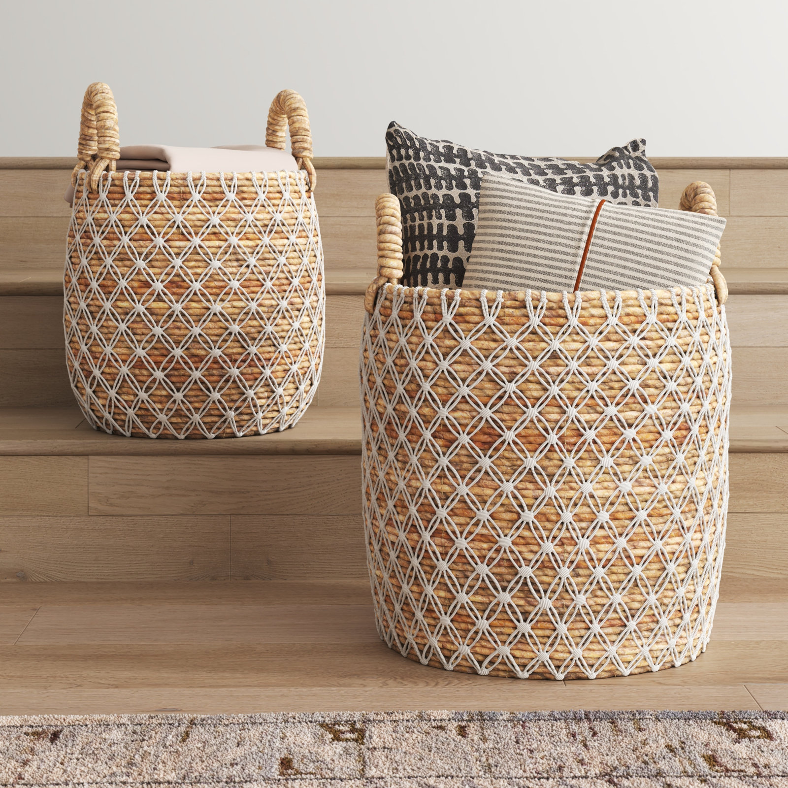 Banana Leaf Handmade String Detail Decorative and Functional Storage Basket with Handles