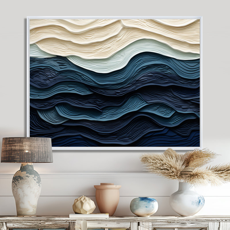 «Blue and White Coastal Waves», impression murale abstraite sur toile côtière, Blanc, H 24 po x l 32 po