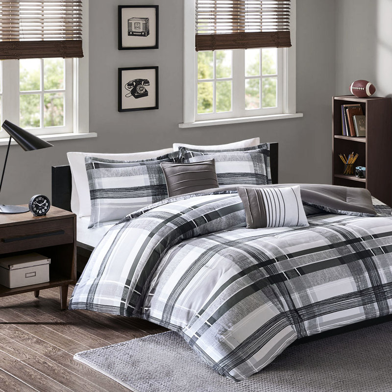 Édredon simple / simple TG à carreaux - Doux literie noire et grise avec des coussins décoratifs modernes