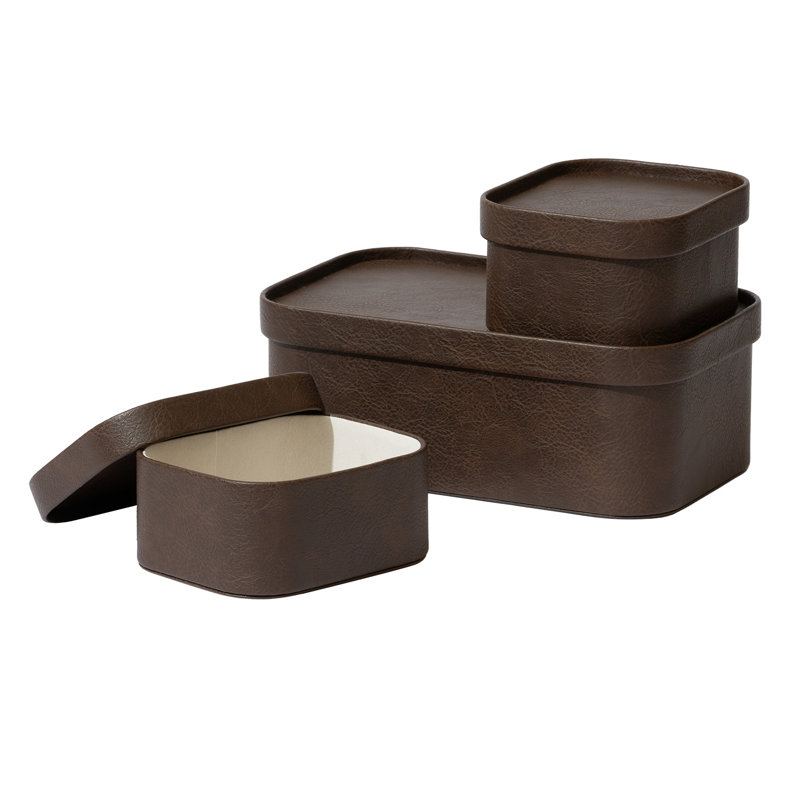 Corrugated Paper Rectangular Storage Box With Vegan Leather Lid Set 3, Mocha