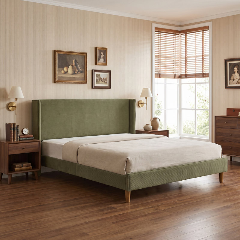 Janine Corduroy Upholstered Wingback Bed with Slat Kit and Solid and Manufactured Wood Frame, Turtle, King