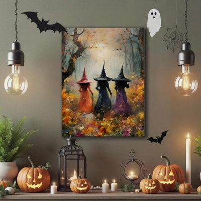 Modern Framed Moody Halloween Artwork Decor 3 Colorful Witches In Autumn Forest Picture Horror Artwork Gothic Halloween Festive Spooky Canvas Prints Decor, 16X24