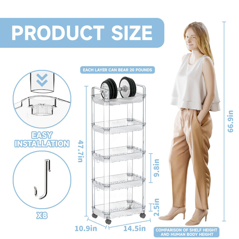 Clear 5 Tier Rolling Utility Cart With Wheels,Modern Bedside Cart For Baby Essentials,Nursery,Diaper Caddy,Baby Supplies,Rolling Storage Cart