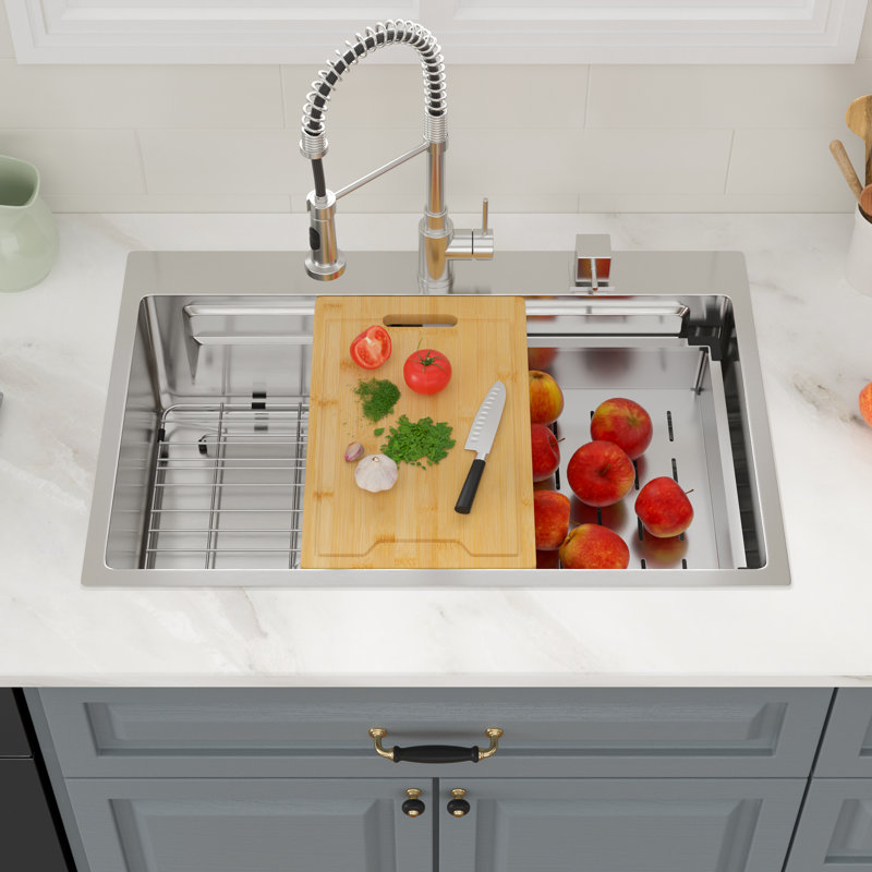 33 po Grand évier de cuisine en acier inoxydable de calibre 16 avec accessoires Workstation