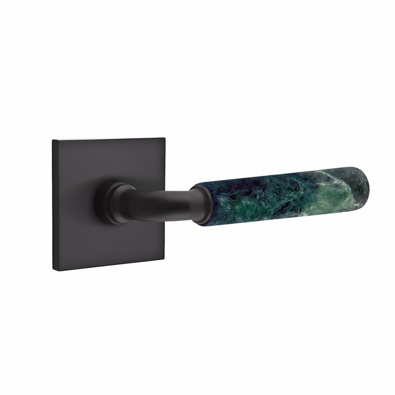 Ensemble de leviers d'intimité Emtek Select, rosette carrée, tige en R, poignée en marbre vert, CF, Dos plat