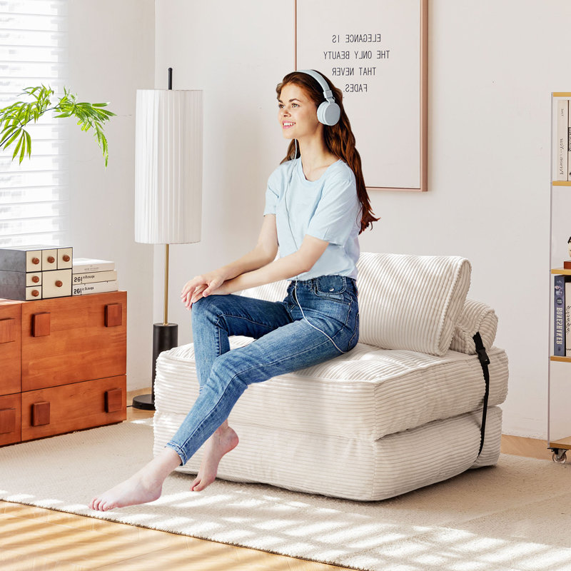 Single Folding Corduroy Convertible Sofa Bed, Foldable Sleeping Chair With Pillow & Back Support,  For Small Spaces