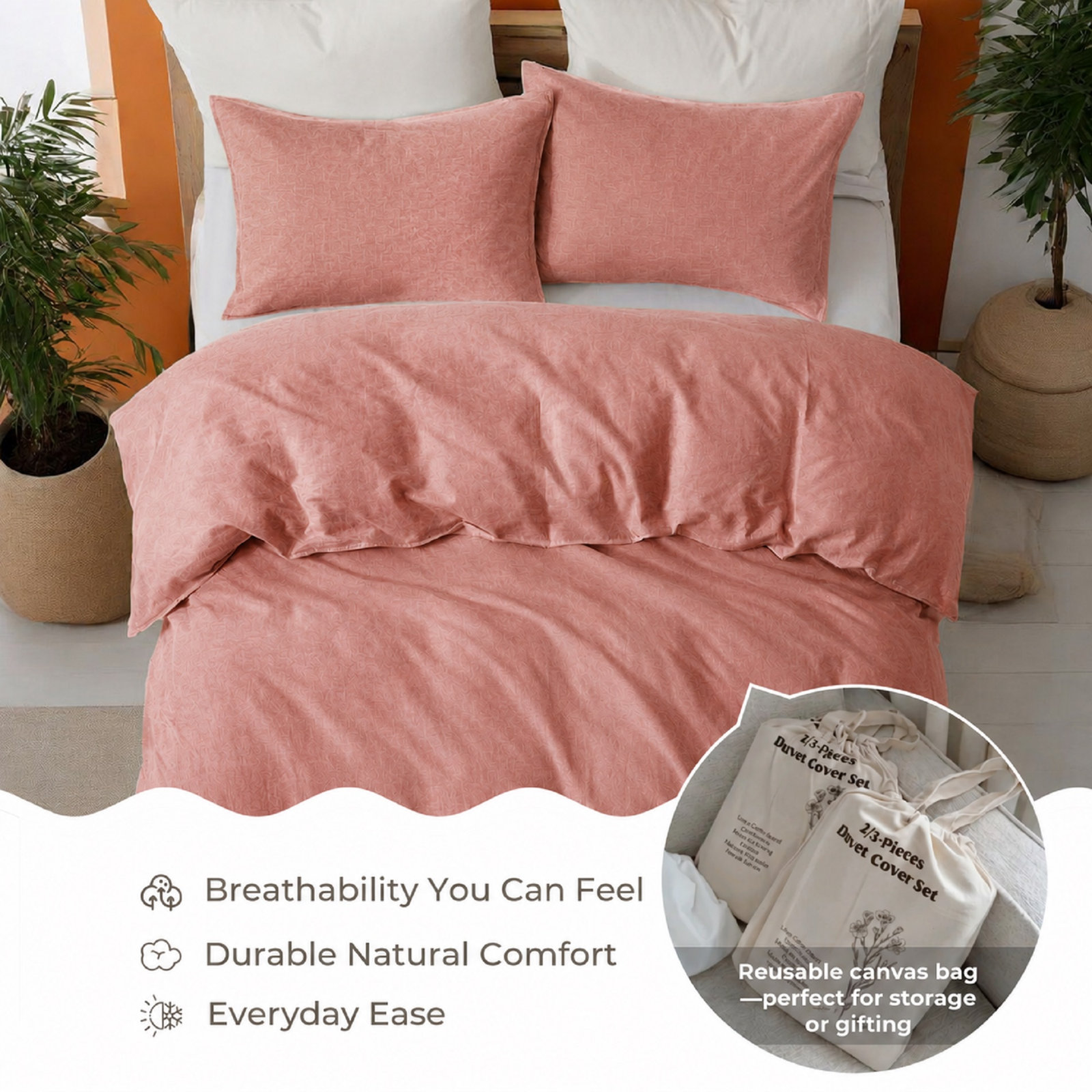 Boseman Linen Duvet Cover Set, King Duvet Cover + 2 King Pillowcases, Pink