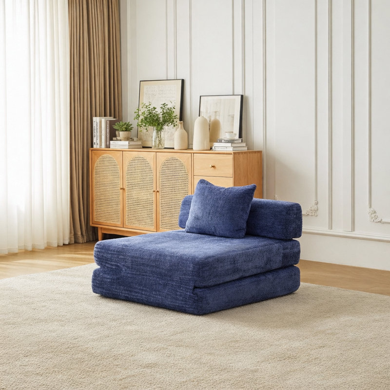 Canapé à compression, canapé-lit à plancher convertible à structure fixe, canapé modulaire à assise simple sans os, sans assemblage requis, tissu chenille, pour chambre à coucher de salon, bleu foncé