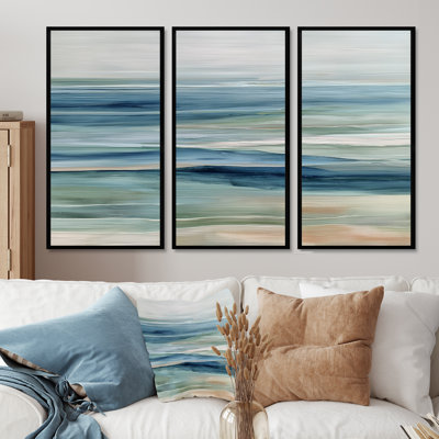 Blue Green Parallel Beach Of Abstract Coastal Landscape  - Beach Wall Décor Set