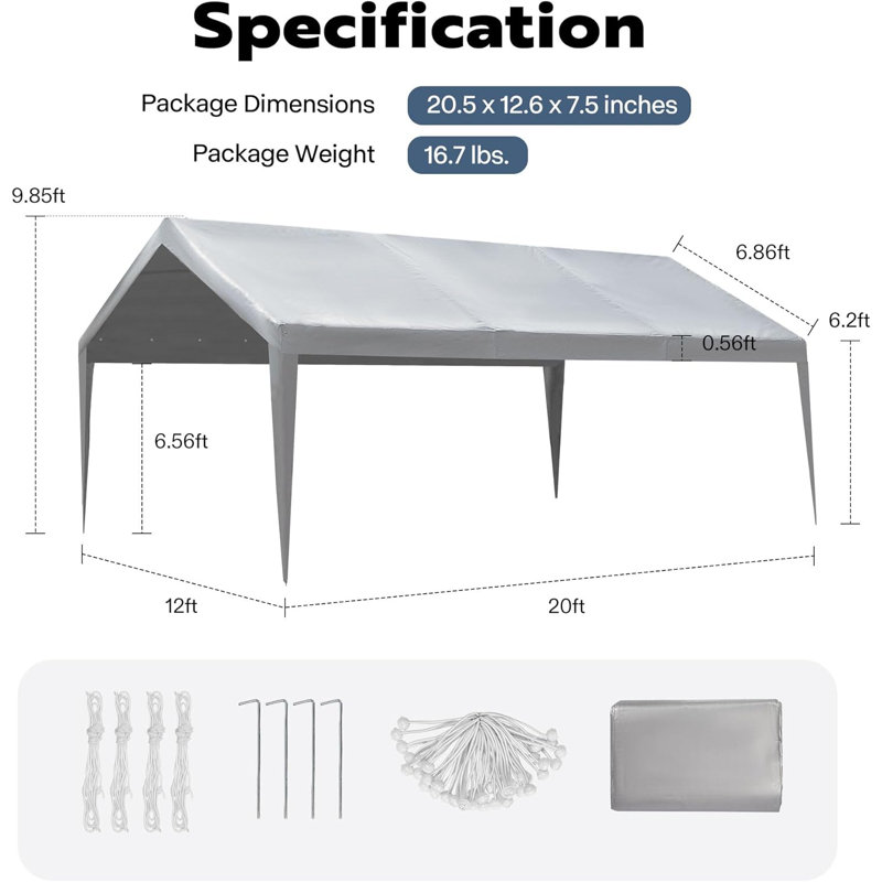 20 ft. White PE Fabric Carport Replacement Canopy Cover