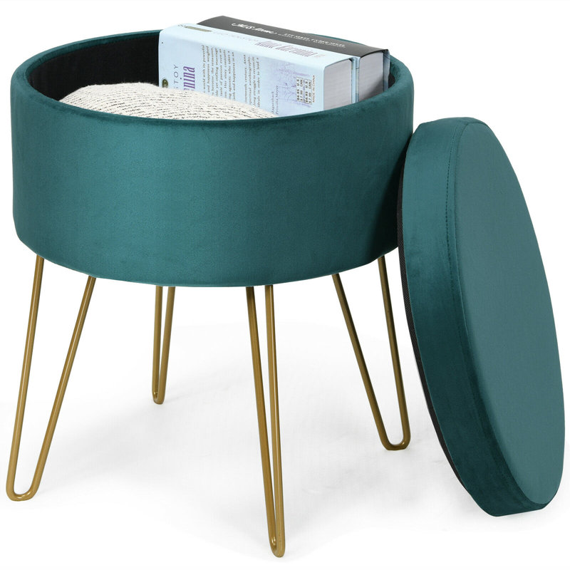 Terrance 42cm Wide Velvet Round Solid Colour Standard Ottoman with Storage, Green