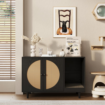 Mid-Century Modern Cat Cabinet With Rattan Doors & Scratching Pad