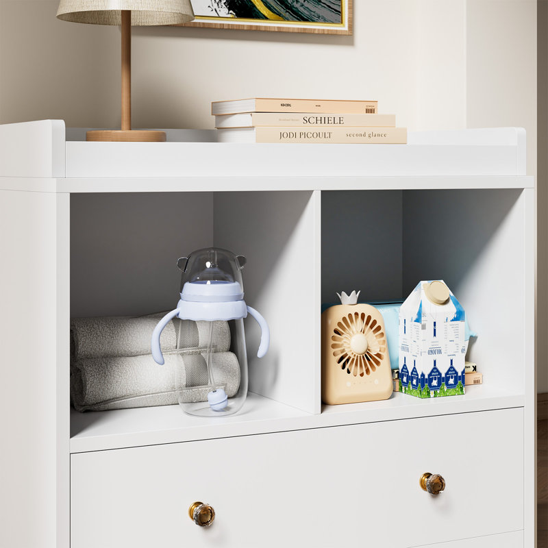 Changing Table With Pad, Modern Changing Station With 2 Drawers and 2 Open Compartments, White
