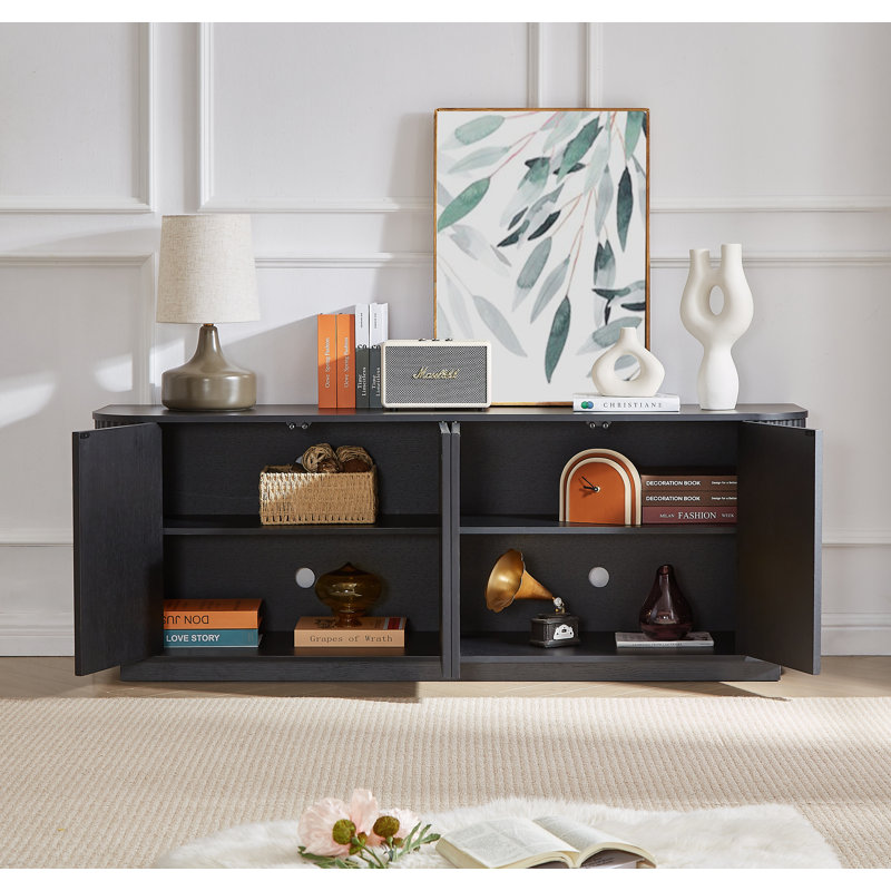Sideboard Storage Cabinet TV Stand with wave pattern Buffet Cabinet Wooden, Black