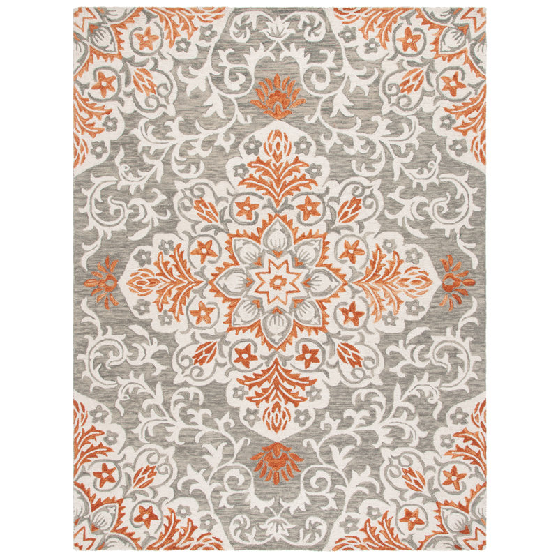Oltiana Hand Tufted Wool/Cotton Floral Rug in Rust/White/Gray, Rectangle 8' x 10'