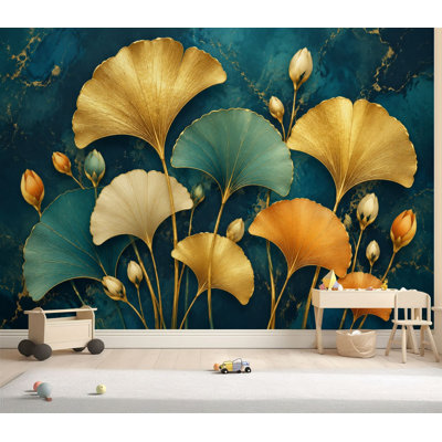 Wall Mural Peel and Stick Wallpaper Elegant Botanical Ginkgo Leaves Gold Accents Teal Self-Adhesive Removable Contact Paper Wall Decor for Living Room Bedroom 69"H x 96"W