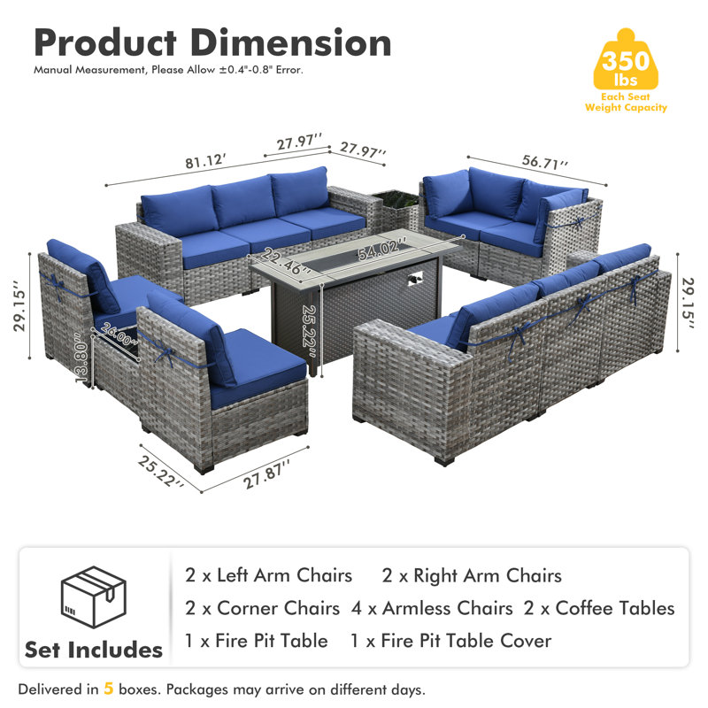 Bobia 13-piece Modular Outdoor Wicker Sectional Sofa Set With Propane Fire Pit Table, Wide Armrests, Rattan Patio Conversation Set With Coffee Table And Cushions