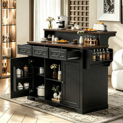 Farmhouse 53.2" Kitchen Island With Power Outlet, Rolling Island Table, Bar Cabinet With Storage 4 Door Shelves And 3 Drawers