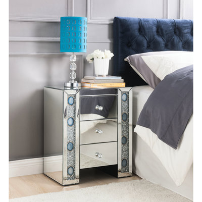 Table d'appoint en miroir avec 3 tiroirs, finition biseautée, incrustation de faux agate et de diamants sur verre transparent, limite de poids de 70 lb, table de finition en pierre de 26,15 po de hauteur, glissières de tiroir latérales en métal, façade française,
