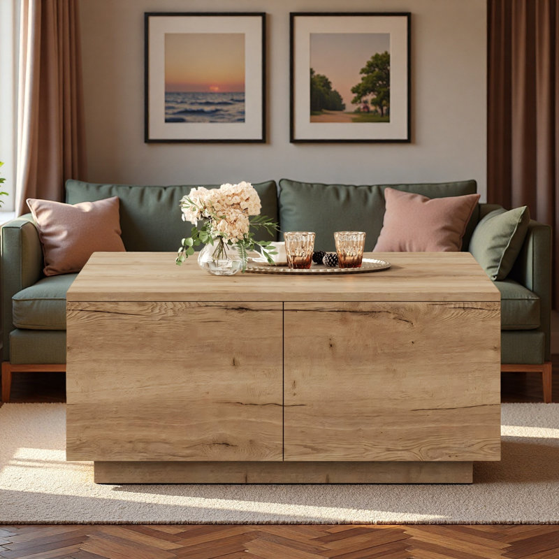 Table basse moderne carrée avec 4 tiroirs, Naturel