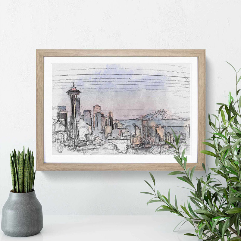 Seattle Skyline in Abstract - Picture Frame Graphic Art Print, 60cm H x 91cm W x 2cm D, Oak