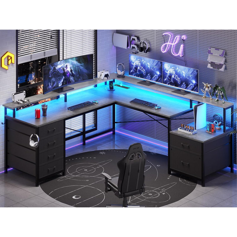 Rockville 108.2'' W L-Shaped Computer Desk with Drawers and Power Outlets, Grey/Black