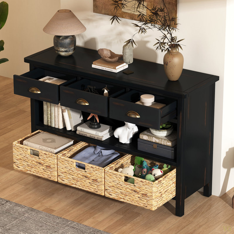 Retro Console Table With 3 Storage Drawers, Entryway Table With 3 Water Hyacinth Woven Baskets,Wooden Accent Sofa Table Buffet Cabinet For Entryway, Hallway And Living Room