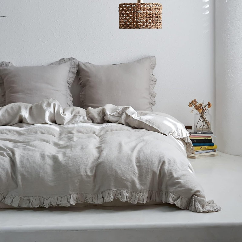 Housses de taies décoratives 100% lin à volants, 2 pièces Housses de coussin 26 x 26 pouces, Gris clair