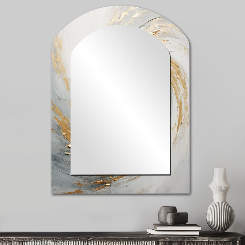 Gold And White Soft Wave Vortex IV - Abstract Spirals Arch Decorative Mirror, Modern Asymmetrical Wall Mirror, Printed Metal Art