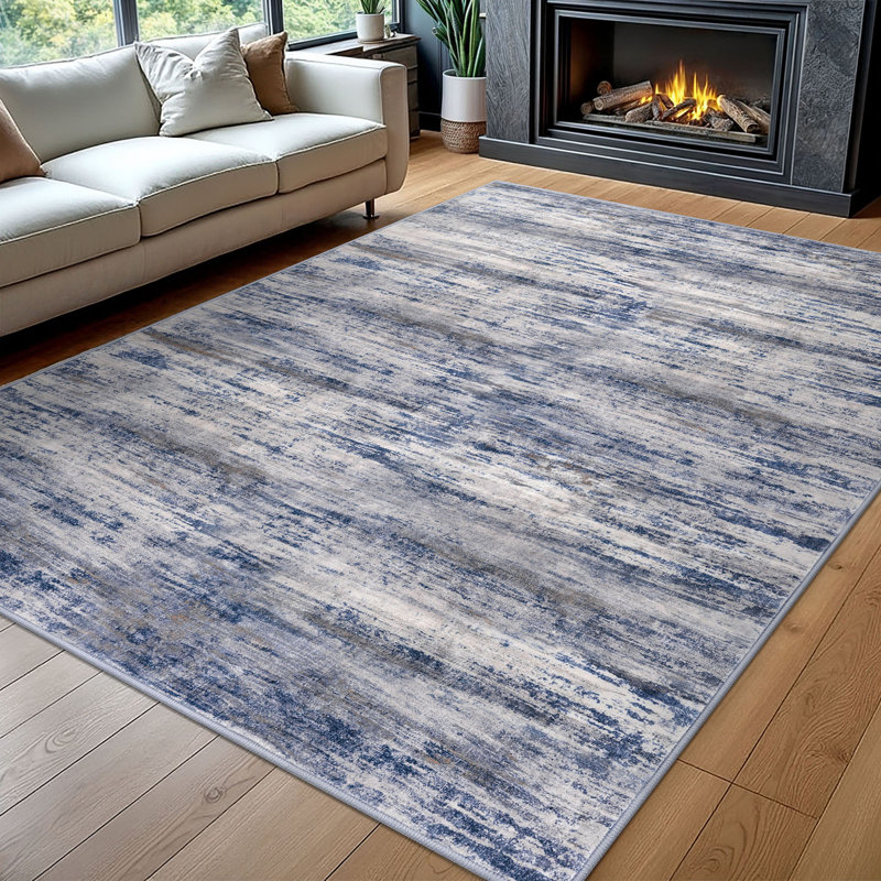 Machine Washable Rugs 8x10 Living Room Rug with Rubber Backing Pet Friendly Large Blue/Gray Area Rugs Indoor Carpet for Bedroom Office Dining Room