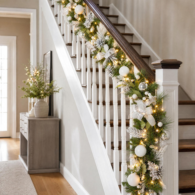 Guirlande de Noël 9 pi avec 40 DEL, boules blanches argentées à piles, manteau de cheminée intérieur et extérieur